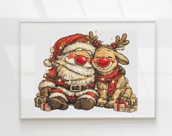 Kreuzstichmuster mit dem Weihnachtsmann und seinen Rentieren (PDF-Download)