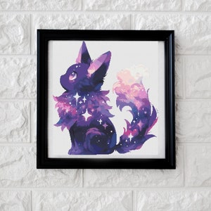 Op de afbeelding: Een gestileerde illustratie van een kat met een galaxy-thema. De vacht van de kat is gevuld met sterren en kleurwervelingen, wat een hemels effect creëert.