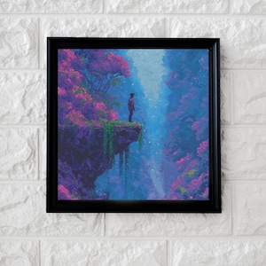 May include: A digital painting of a person standing on a cliff overlooking a misty, purple and blue forest. The person is silhouetted against the light, and the forest is filled with swirling colors.