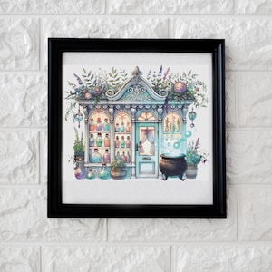 May include: A square black frame containing a watercolor illustration of a shop front with light blue architectural details, shelves filled with various glass bottles, a central door, and a black cauldron emitting glowing green bubbles.