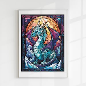 Blue stained glass dragon cross stitch pattern PDF
