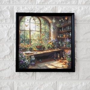 Op de afbeelding: Een ingelijste print toont een zonnige kamer met bloemen, vlinders en potten. Een groot boogvenster kijkt uit op een tuin. Schappen zijn gevuld met glazen potten en hangende planten. De scène is omlijst in een zwarte rand.