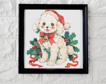 May include: A white poodle wearing a red Santa hat and a red bow with a bell, surrounded by green holly leaves with red berries.