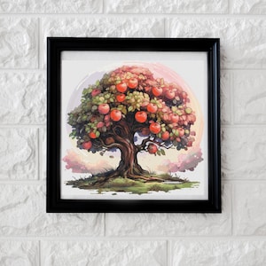 May include: A painting of a tree with red apples hanging from its branches. The tree is set against a light blue sky with white clouds. The tree has a thick trunk and many branches. The apples are a bright red color and are clustered together on the branches.