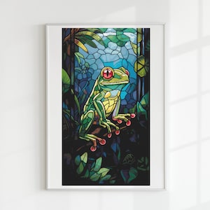 May include: A stained glass style illustration of a green tree frog with red eyes sitting on a branch in a jungle setting.