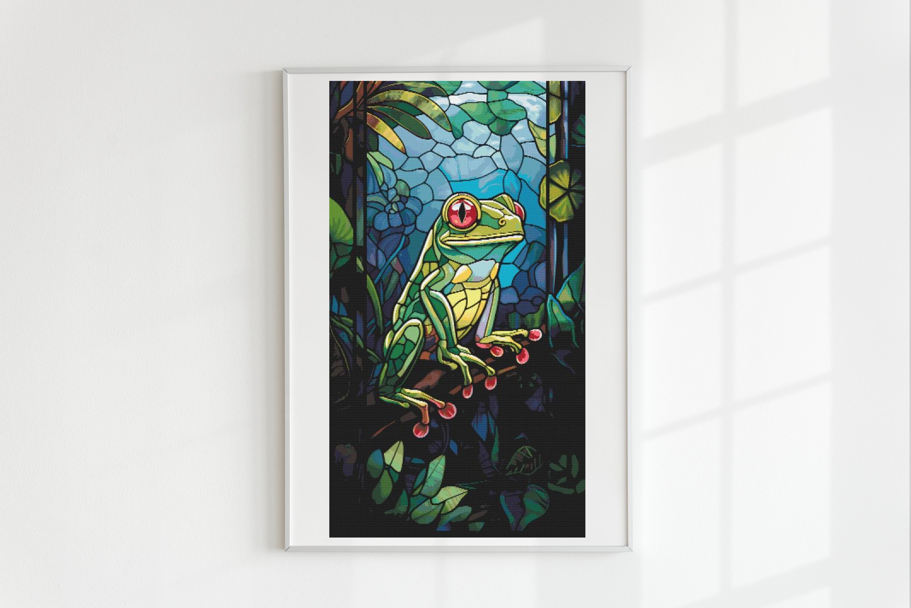 ステンドグラスの緑のカエルのクロスステッチパターンの完全なPDF