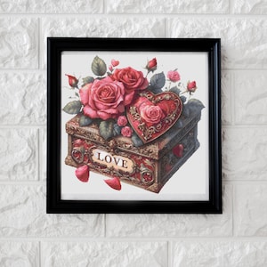 Rose and heart box cross stitch pattern PDF