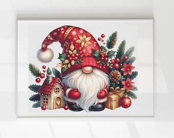 Red Christmas gnome cross stitch pattern PDF