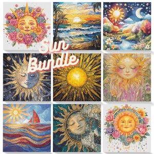 May include: A collection of nine square art prints featuring sun-themed illustrations. The artwork includes images of smiling sun faces, sunsets over oceans, and celestial scenes with stars and moons. The prints showcase a variety of artistic styles and color palettes.