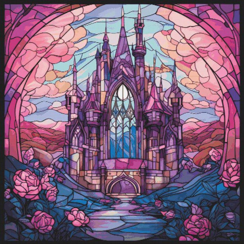 Turret And Roses Purple Castle Cross Stitch Pattern Full Coverage PDF - Etsy