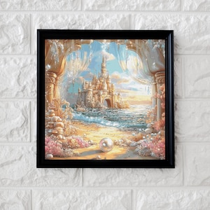 May include: Framed artwork depicting a fairytale castle on a beach, with a pearl in the foreground. The castle is beige with a tall spire, set against a blue sky and ocean. The frame is black.