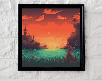 May include: A digital painting of a fantasy landscape with a castle on a cliff overlooking a body of water. The sky is a vibrant orange and red, and there is a woman in a red dress standing on the shore.