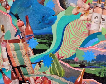 Lounge — Original Framed Collage Art, 12x16, Tropical Surreal Mixed Media