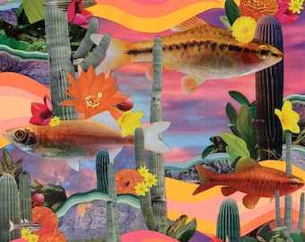 Saguaro — Original Framed Collage Art, 10x10, Surreal Mixed Media