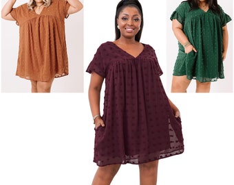 Amore Jewell Fashion Ladies' Dress - 1XL~5XL Plus Size Summer Dress V Neck Ruffle Swiss Dot Mini Dress with Pocket Wine Red/Green/Orange