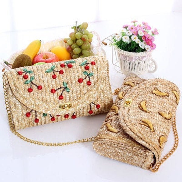 Amore Jewell Fashion Ladies' Handmade Clutch Straw Crossbody Crochet Shoulder Bag w/ Banana or Cherry /wedding/bridal purse/Bridesmaid purse