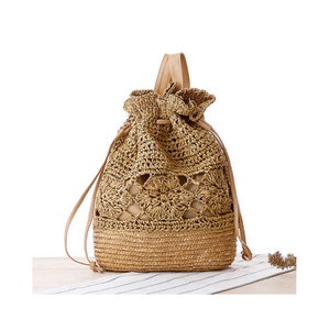 Amore Jewell Fashion Ladies' bag-Women casual backpack woven straw crochet shoulder bag in 4 Colors Beige,Light/Dark Brown,White Handmade
