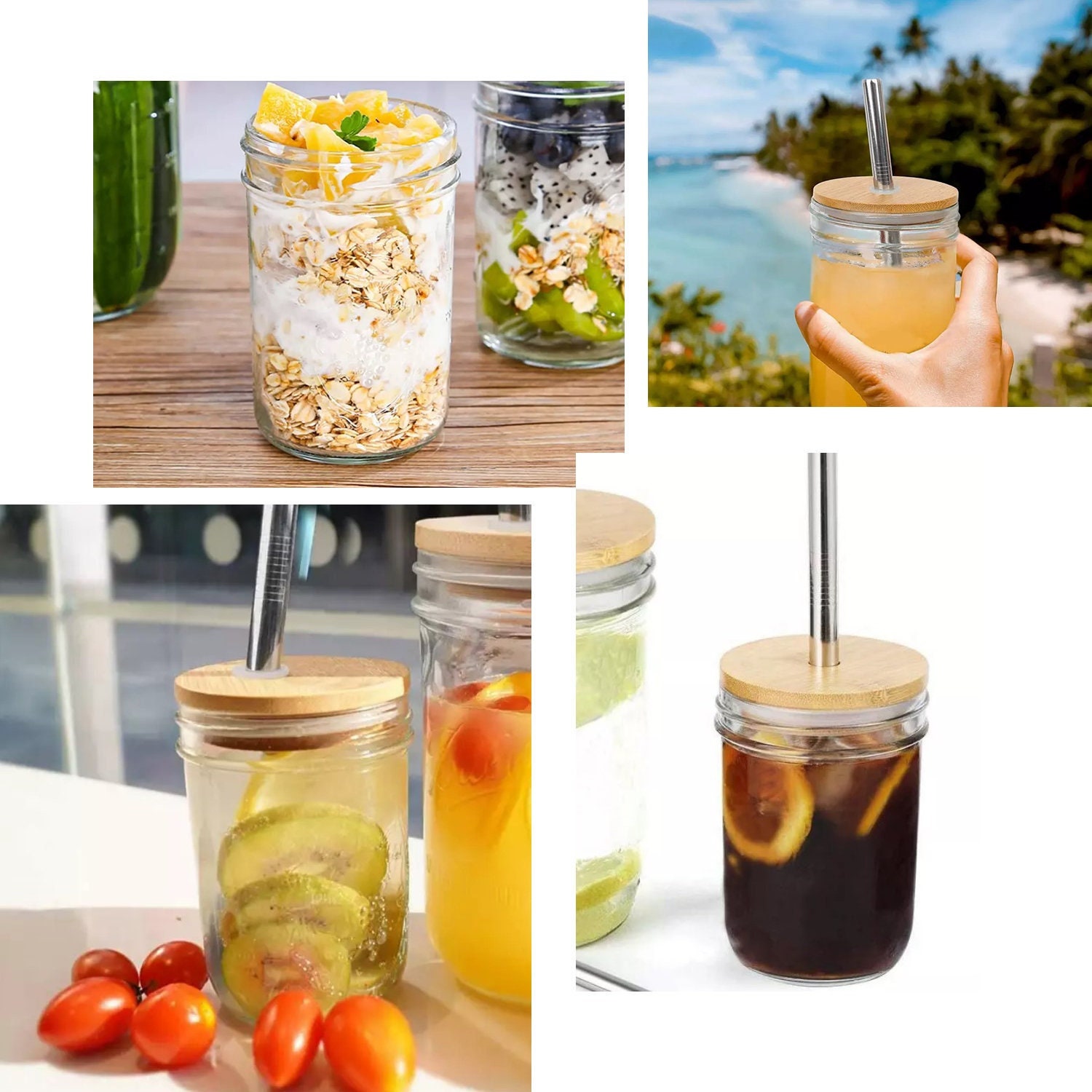  Benestanti 4 pcs 24 oz Glass Cups With Bamboo Lids and  Straws,Reusable Boba Cup Smoothie Cup Iced Coffee Cups with Lids Glass  Tumbler with Straw and Lid,Drinking Jars for Bubble Tea,Juice,Gift 