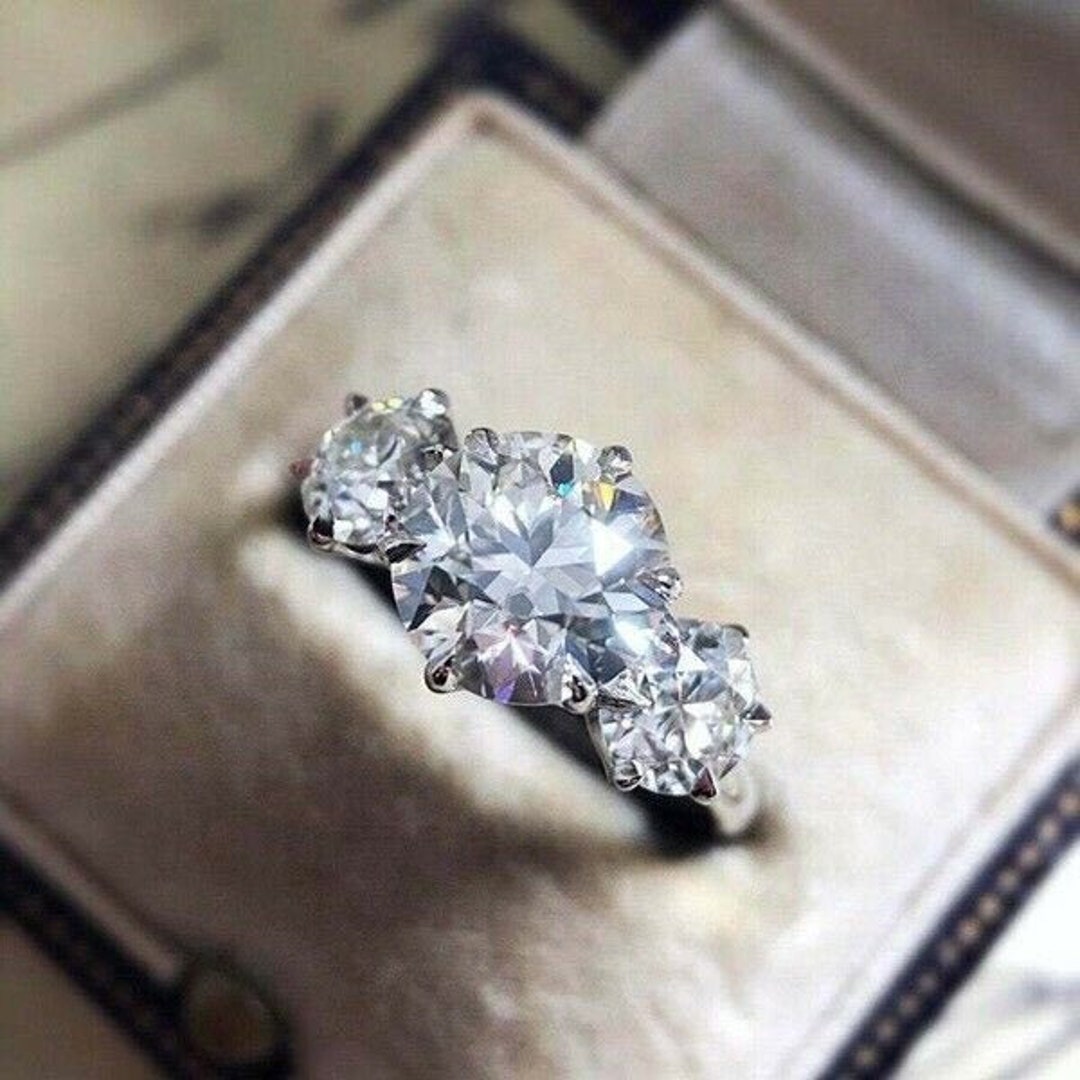 Three Stone Engagement Ring 14K White Gold Bridal Ring, Past Present ...