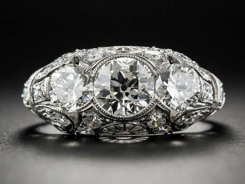 Art Deco 3ct Round Moissanite Ring 14k White Gold Ring Art Etsy