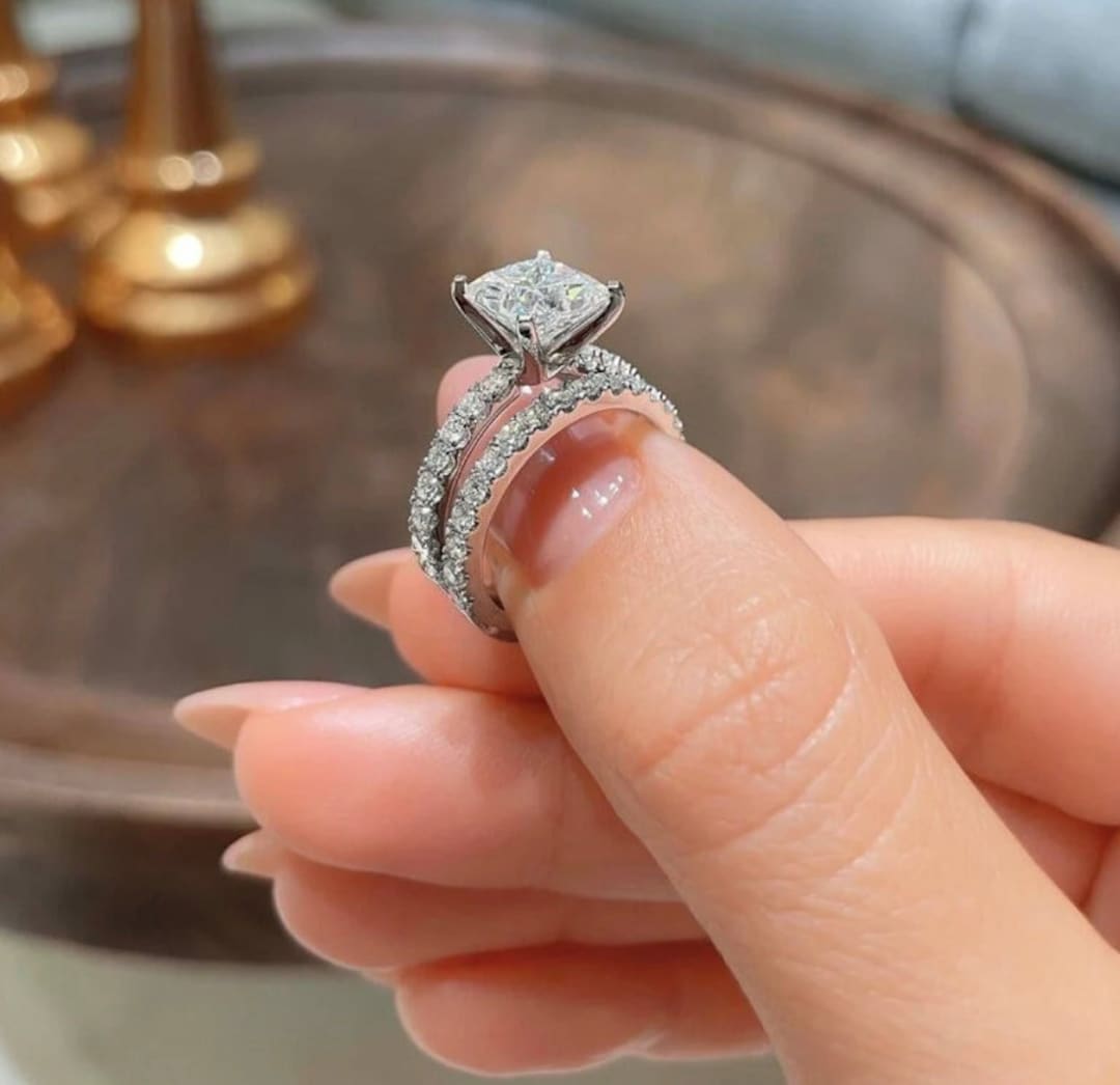 2 Carat Princess Cut Moissanite Wedding Set - Bridal Set - Channel Set Ring  - Unique Ring - 18k Black Gold Over Silver 