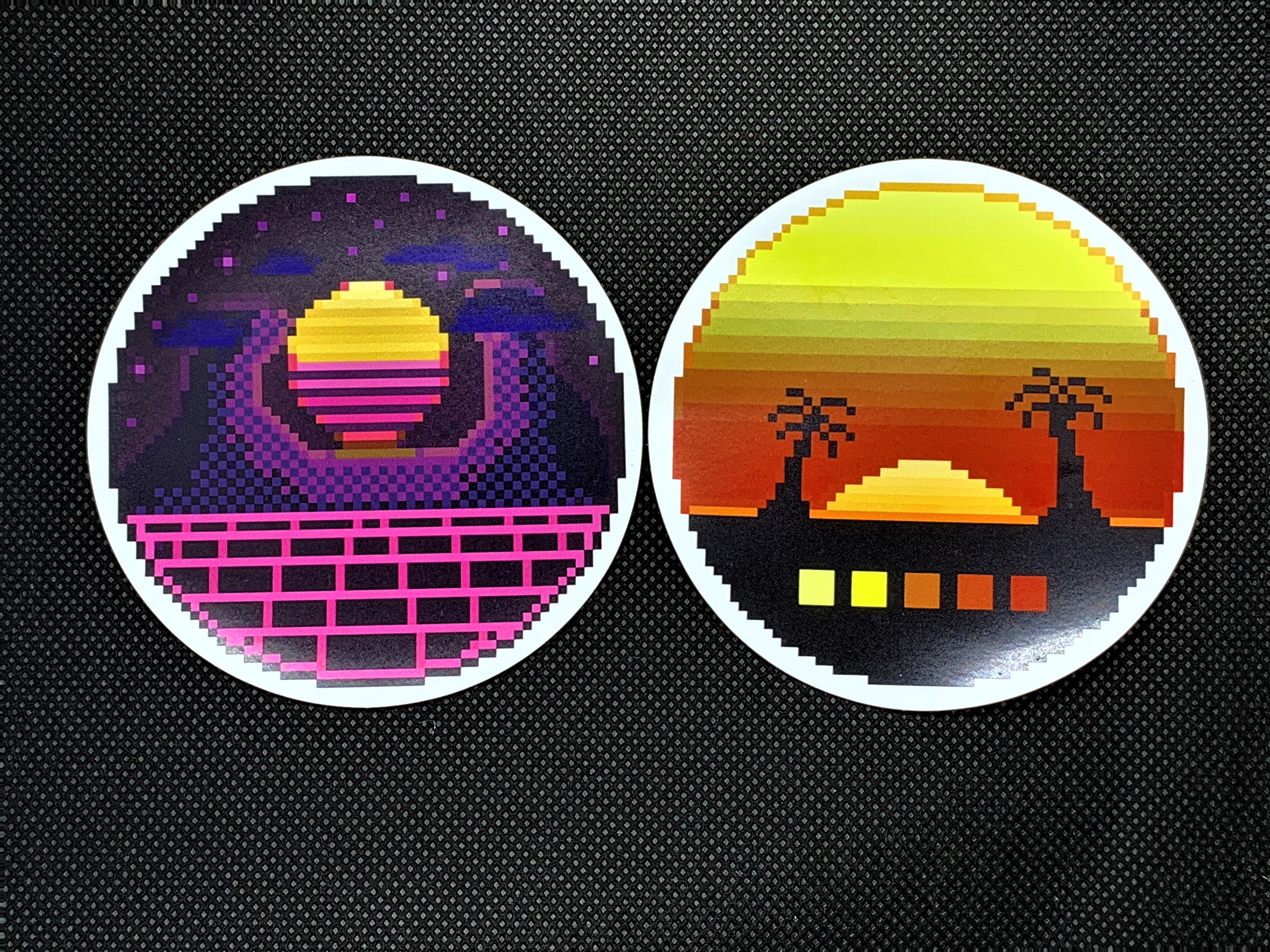 Pixel Art 64bit Synth Retrowave Grid Mountain Sunset Sticker for