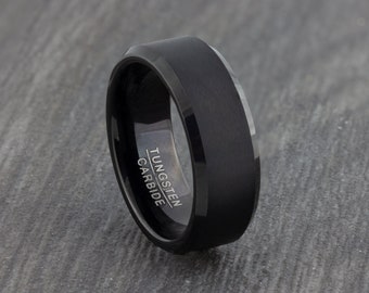 Mens 8mm Tungsten Ring with Polished Groove Black Wedding Band Friendship Ring Sizes L 12 to Z3 Womens /& Mens Engagement Promise