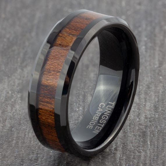 Mens 8mm Tungsten Ring With Koa Wood Inlay - Black Wedding Band