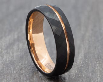 6mm Faceted Black Tungsten Ring with Rose Gold Groove - Mens Womens Brushed Wedding Ring - Wedding Band - Engagement Ring - Sizes L to Z+1