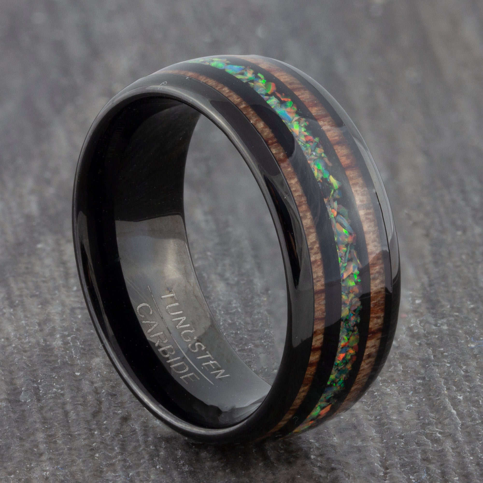 Mens 8mm Black Tungsten Ring with Fire Opal Koa Wood Inlay | Etsy