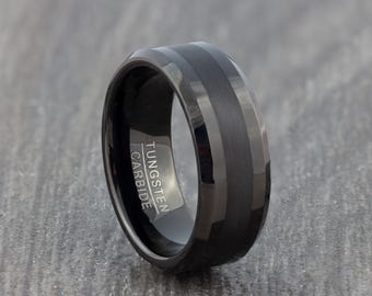 8mm Black Tungsten Carbide Ring with Polished Brushed Finish - Mens & Womens Wedding Band - Engagement Ring - Promise Ring - Sizes N to Z+2