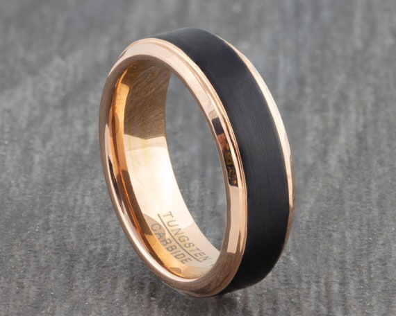 6mm Rose Gold Tungsten Ring Brushed Inlay Black Wedding | Etsy