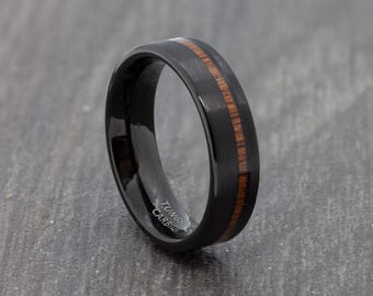 6mm Black Tungsten Carbide Ring with Hawaiian Koa Wood Inlay - Mens Wedding Ring -  Womens Wedding Band - Engagement Ring - Sizes L to Z