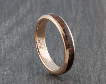 4mm Mens or Womens Koa Wood Tungsten Ring - Rose Gold Wedding Band - Engagement Ring - Comfort Fit Promise Ring - Sizes L - Y