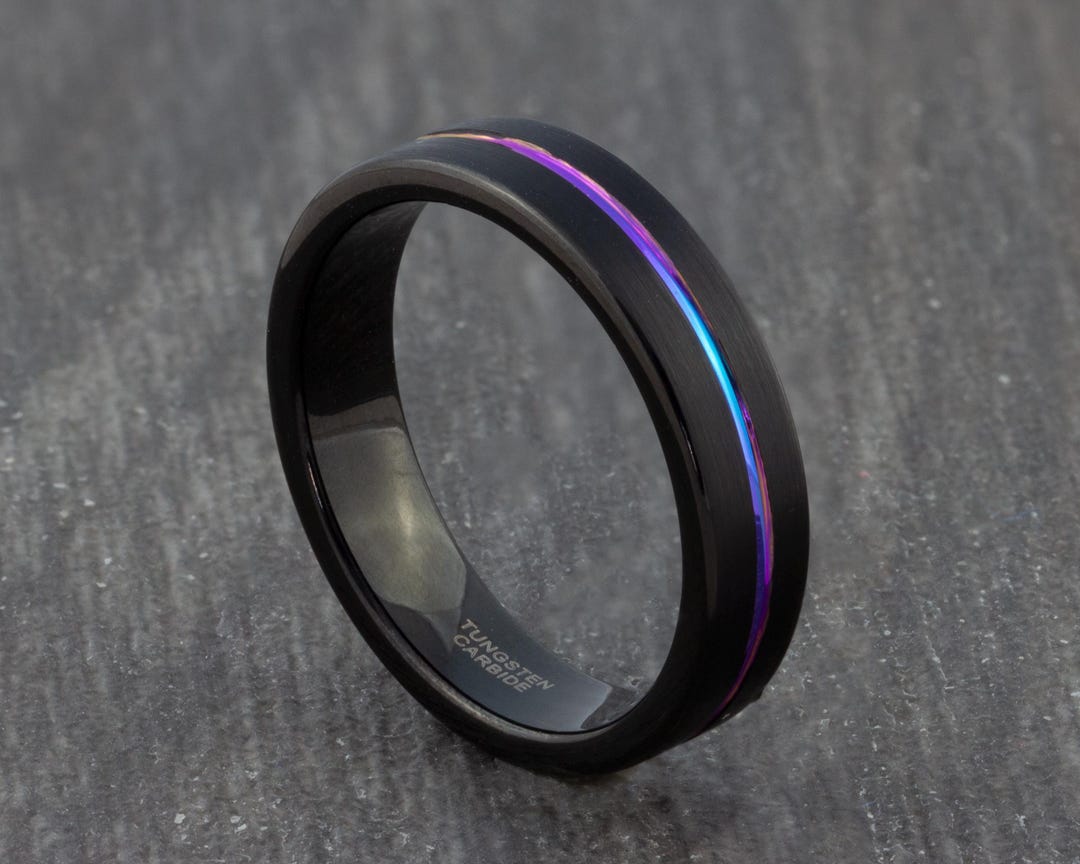 INRENG Men's 8mm Titanium Rainbow Wedding Ring - Black Matte Brushed Band With Groove, LGBT Couple Ring - View #3