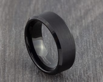 8mm Black Tungsten Ring with Polished Edges - Mens Wedding Ring - Wedding Band - Womens Engagement Ring - Promise Ring - Sizes M to Z+1