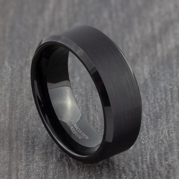 8mm Black Tungsten Ring with Polished Edges - Mens Wedding Ring - Wedding Band - Womens Engagement Ring - Promise Ring - Sizes M to Z+1