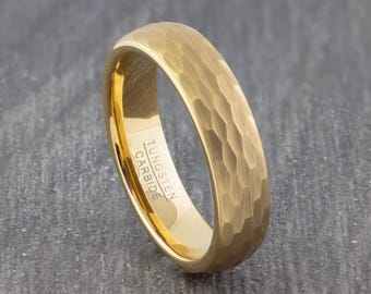 6mm Gold Tungsten Carbide Ring - Hammered & Brushed Mens + Womens Court Wedding Band - Engagement Ring - Wedding Ring - Sizes K to Z+1
