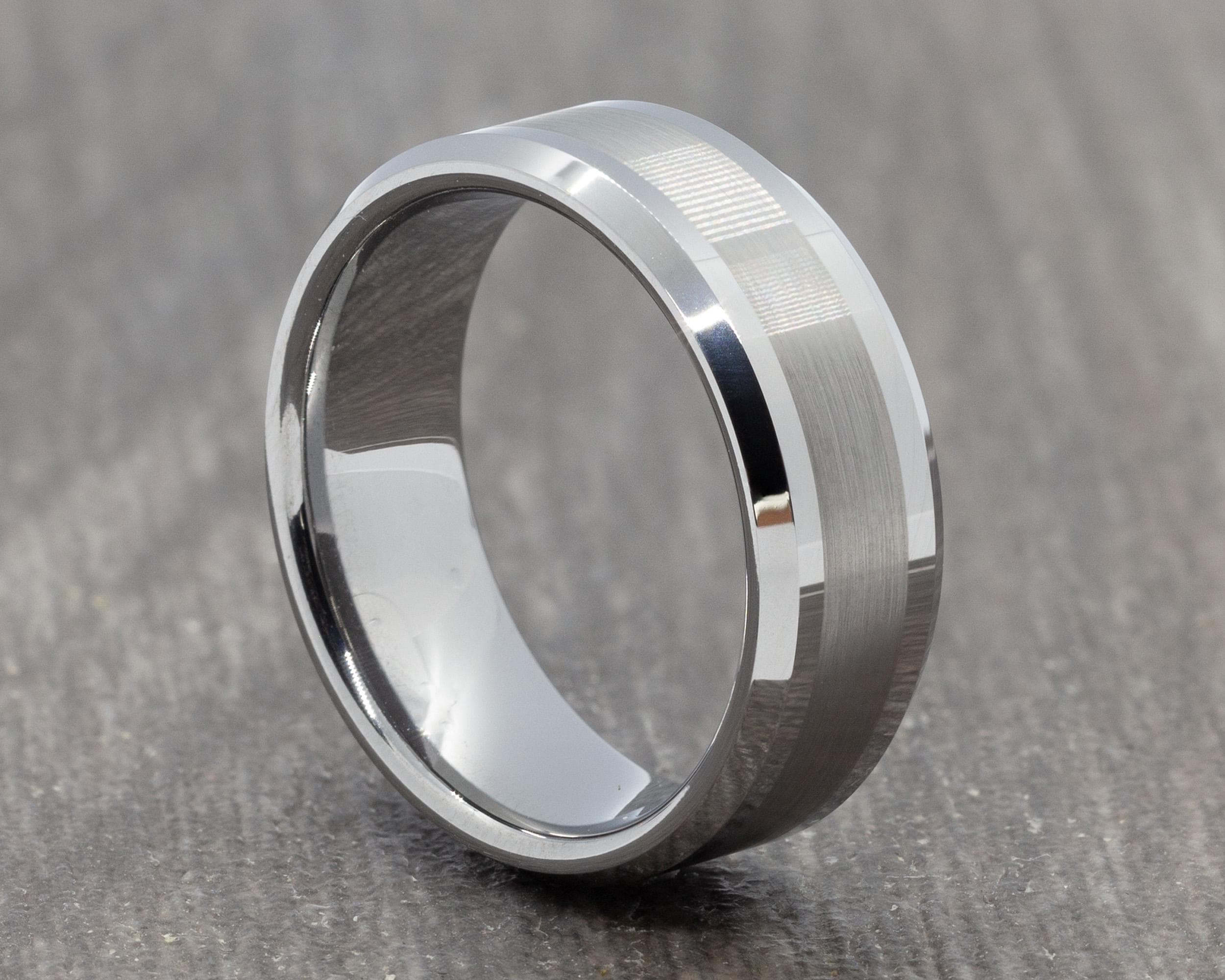 8mm Two Tone Silver Tungsten Ring - Mens Wedding Band - Womens