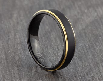 6mm Black Tungsten Ring with Gold Plated Edges - Mens Wedding Band - Womens Engagement Ring - Wedding Ring - Promise Ring - Sizes N to Z
