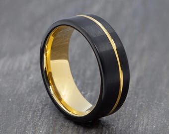8mm Black Tungsten Ring with Gold Groove - Wedding Ring - Mens Wedding Band - Womens Engagement Ring - Comfort Fit ring - Sizes L to Z+1