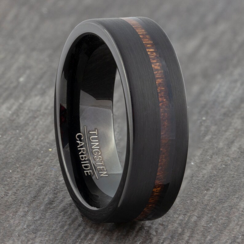 Black 8mm Tungsten Carbide Ring With Hawaiian Koa Wood Inlay - Etsy UK
