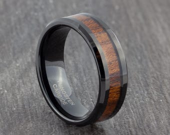 Mens 8mm Tungsten Ring with Koa Wood Inlay - Black Wedding Band - Womens & Mens Engagement Court Ring, Promise Ring - Wedding Ring M to Z+2