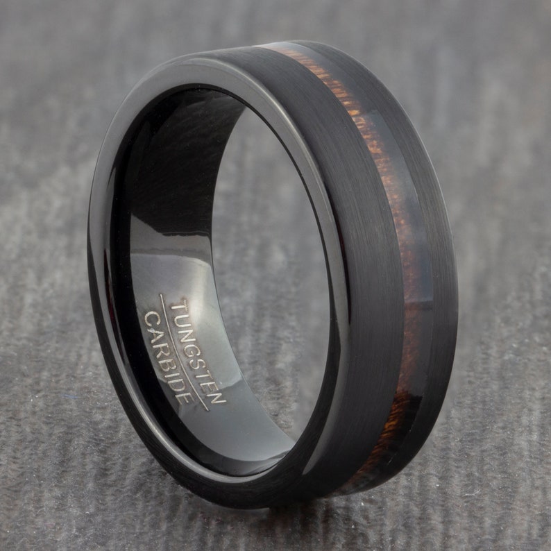 Black 8mm Tungsten Carbide Ring With Hawaiian Koa Wood Inlay - Etsy UK