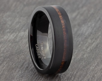 8mm Black Tungsten Carbide Ring with Hawaiian Koa Wood Inlay - Mens Wedding Ring - Womens Wedding Band New Engagement Ring - Sizes N to Z+2