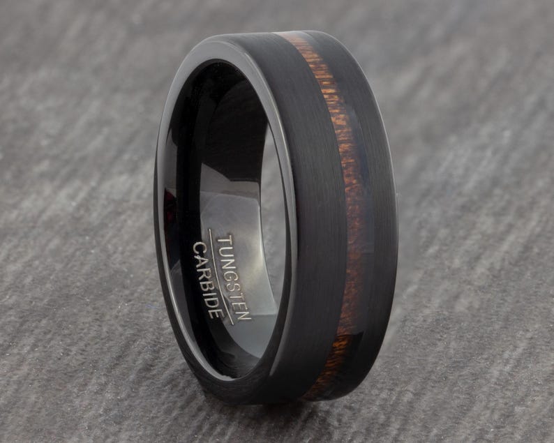 8mm Black Tungsten Carbide Ring with Hawaiian Koa Wood Inlay - Mens Wedding Ring - Womens Wedding Band New Engagement Ring - Sizes N to Z+2