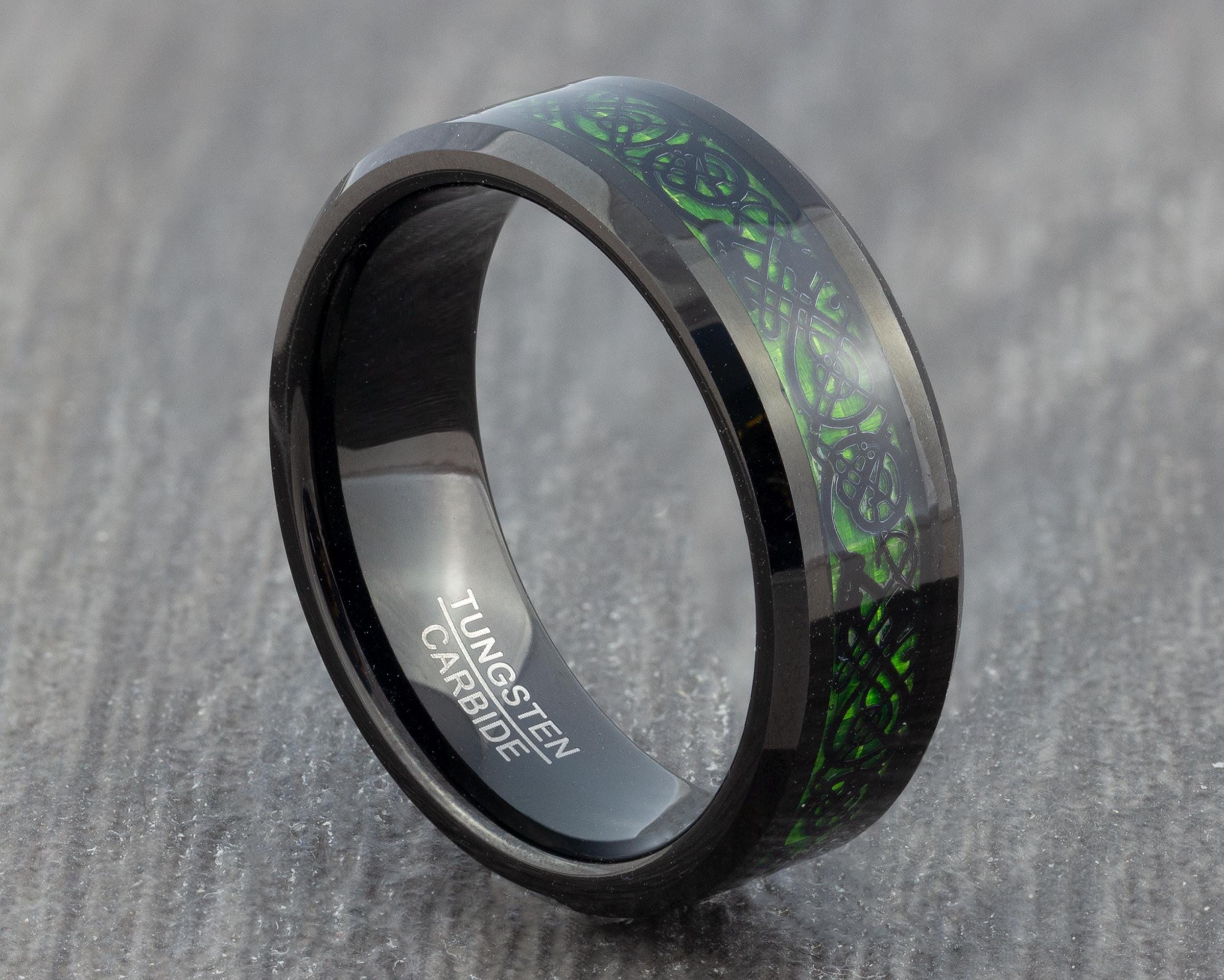 8mm Black Celtic Dragon Mens Tungsten Ring With Green Carbon Fibre