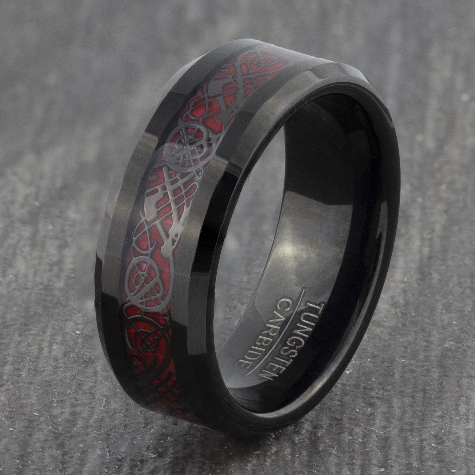 Black Celtic Dragon 8mm Mens Tungsten Ring with Red Carbon | Etsy