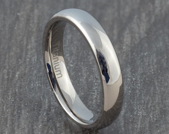 4mm Titanium Ring Polished Silver Finish - Mens Court Fit Wedding Band - Womens Engagement - Promise Ring - Wedding Ring - Sizes J - Z+2