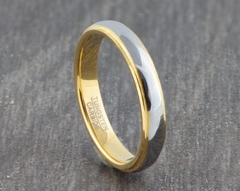 4mm Silver & Gold Tungsten Ring Polished Edges - Wedding Ring - Wedding Band - Mens Womens Engagement Ring - Promise Ring - Sizes J to X